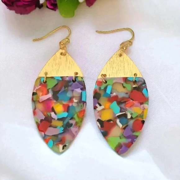 🆕️ Colorful Mosaic Teardrop Dangle Earrings with Gold Accents 🌈✨ - Picture 1 of 9
